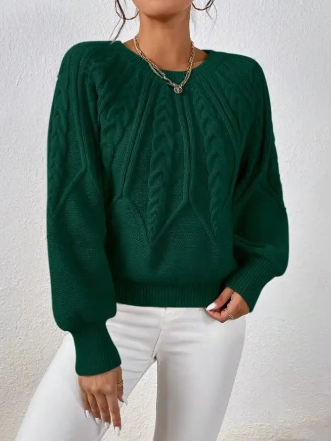 Solid Color Casual Knitted Sweater Round Neck Long Sleeve Thread Women's RosyasT