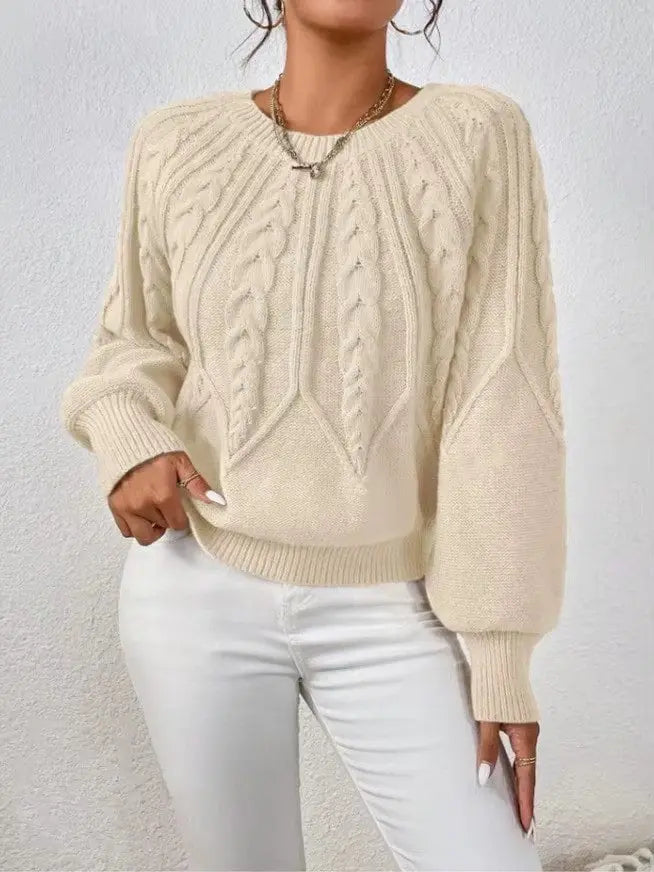 Solid Color Casual Knitted Sweater Round Neck Long Sleeve Thread Women's RosyasT