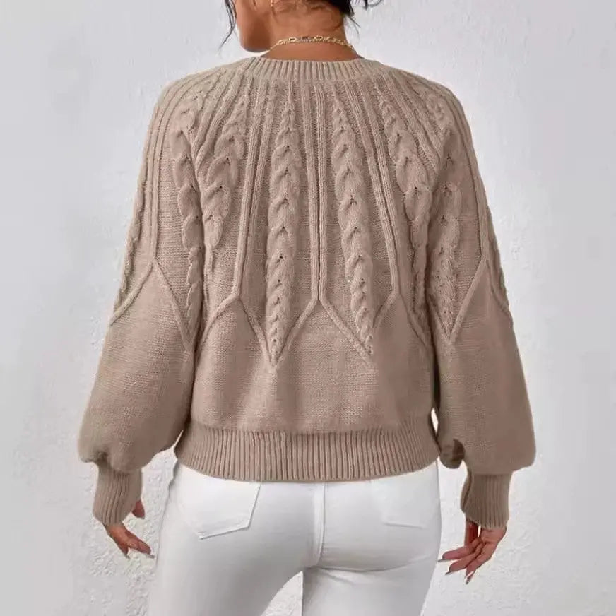 Solid Color Casual Knitted Sweater Round Neck Long Sleeve Thread Women's RosyasT