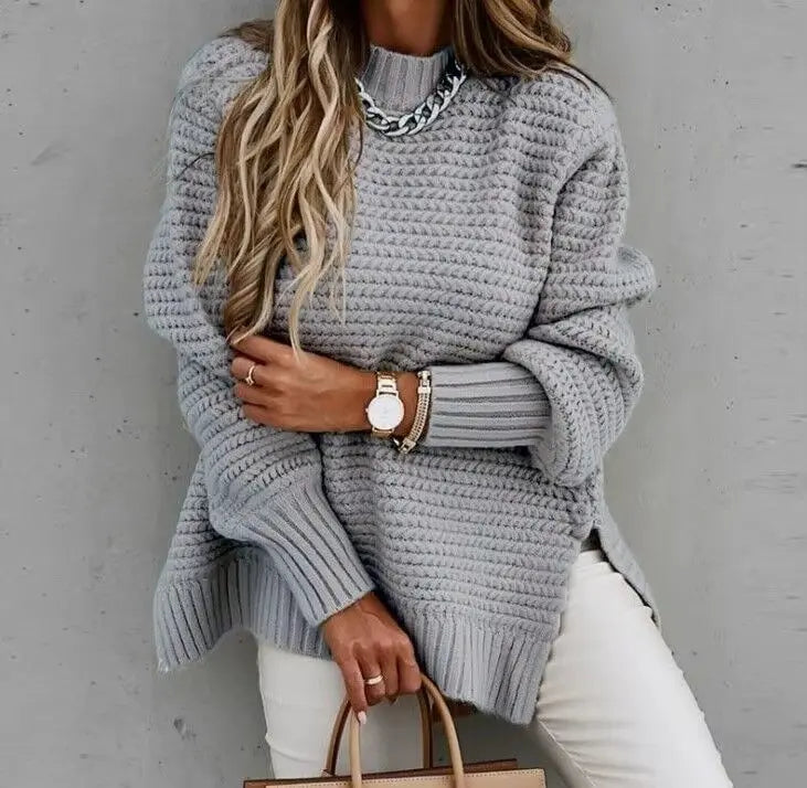Womens Elegant Knitted Pullover – Cozy and Stylish Long Lantern Sleeve Sweater RosyasT