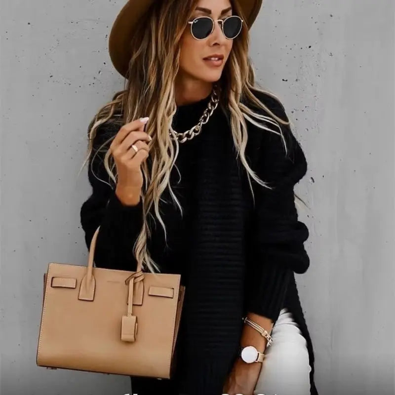 Womens Elegant Knitted Pullover – Cozy and Stylish Long Lantern Sleeve Sweater RosyasT