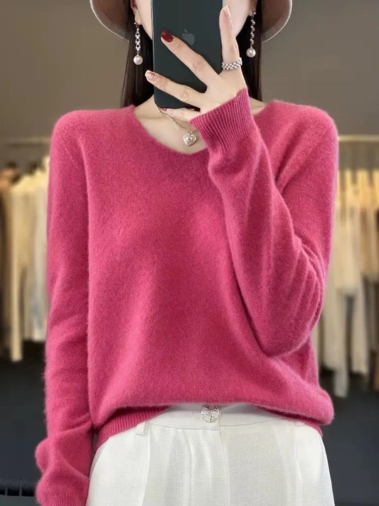 Pure Wool V-neck Autumn And Winter Pullover New Cashmere Sweater Women's Casual Knitted RosyasT