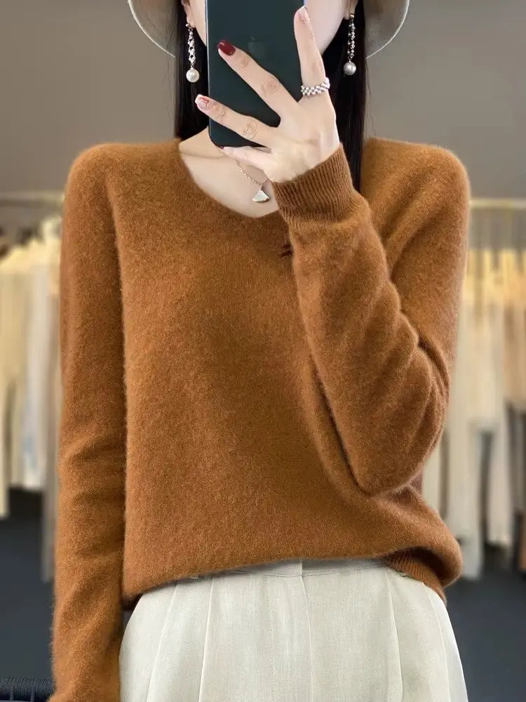 Pure Wool V-neck Autumn And Winter Pullover New Cashmere Sweater Women's Casual Knitted RosyasT