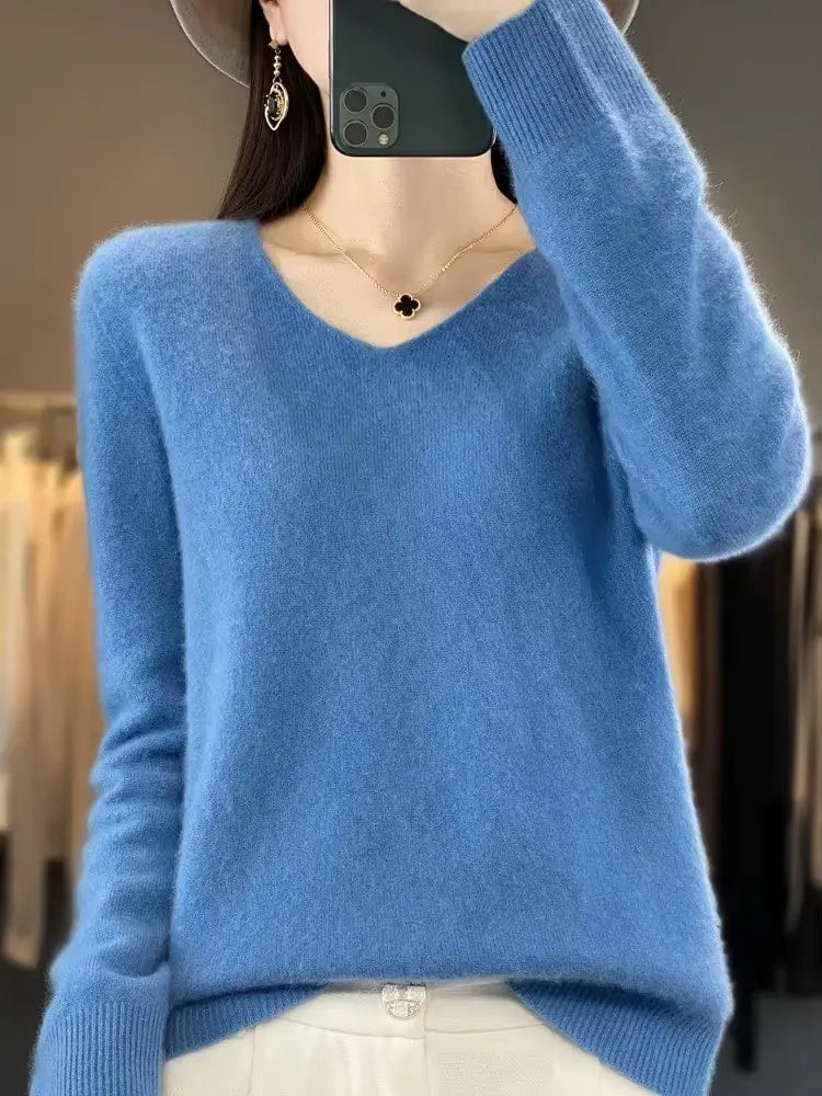 Pure Wool V-neck Autumn And Winter Pullover New Cashmere Sweater Women's Casual Knitted RosyasT