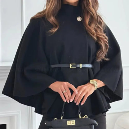 Automn O-Neck one Botton Woolen Cloak Casual Jacket Women Solid Batwing Long Flare Sleeves Coats Outwear. RosyasT