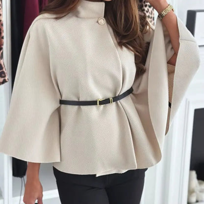 Women's jackets Autumn O-Neck one Botton Woolen Cloak Casual Solid Batwing Long Flare Sleeves Outwear RosyasT