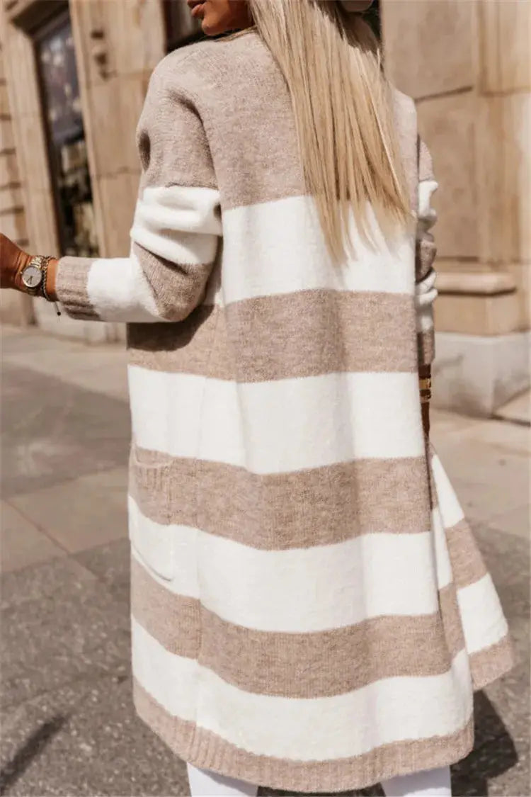 Casual Knitted Cardigan For Women Loose Long Sleeve Pocket Contrast Color Striped Extended Sweater Coat Autumn Winter New Style RosyasT