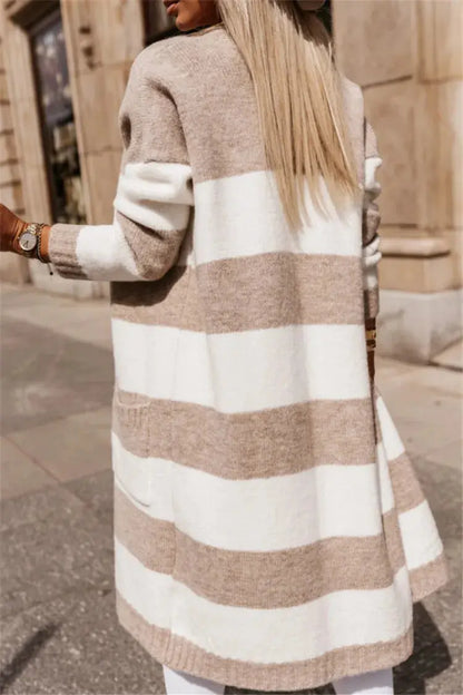 Casual Knitted Cardigan For Women Loose Long Sleeve Pocket Contrast Color Striped Extended Sweater Coat Autumn Winter New Style RosyasT