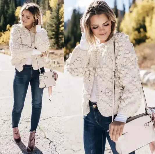 Sweet Hollow out Hole 3D Ball Sweater Vintage Woman O neck Long sleeve Knit Loose Knitwear Cardigan Jumper Femme kledin RosyasT