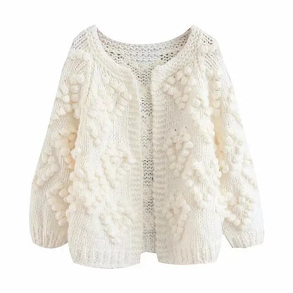 Sweet Hollow out Hole 3D Ball Sweater Vintage Woman O neck Long sleeve Knit Loose Knitwear Cardigan Jumper Femme kledin RosyasT