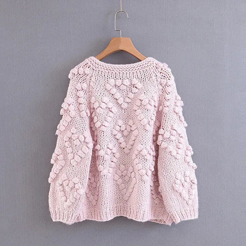Sweet Hollow out Hole 3D Ball Sweater Vintage Woman O neck Long sleeve Knit Loose Knitwear Cardigan Jumper Femme kledin RosyasT