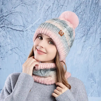 Winter Lady Warm Hat Scarf Two-piece Set Fleece Thickened Gradual Change Color Knitted Skiing Hat Fashion Pullover Hat for Women RosyasT
