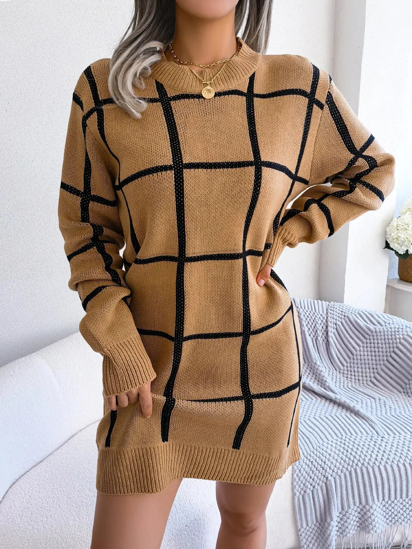 Women Casual Plaid Long Sleeve Knitted Sweater Dress 2023 Autumn Winter Clothes Without The Belt RosyasT