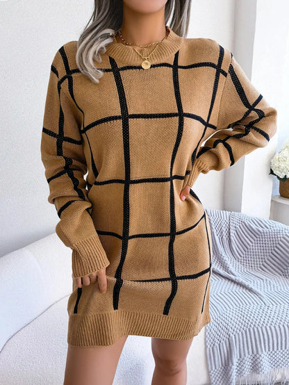 Women Casual Plaid Long Sleeve Knitted Sweater Dress 2023 Autumn Winter Clothes Without The Belt RosyasT