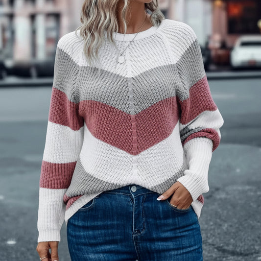 New women's casual sweater Off-the-shoulder Color Blocking Round Neck