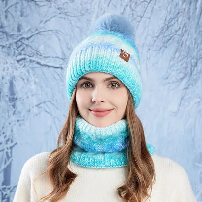 Winter Lady Warm Hat Scarf Two-piece Set Fleece Thickened Gradual Change Color Knitted Skiing Hat Fashion Pullover Hat for Women RosyasT