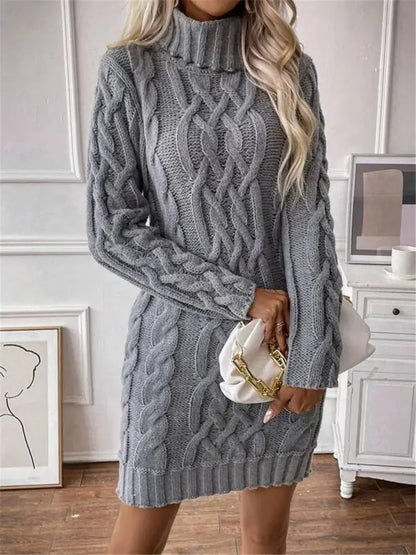Women's Sweater Dress Autumn Winter New Slim Knit Dress Turtleneck Cable Pattern Long Sleeve Knitted Gown Dress RosyasT