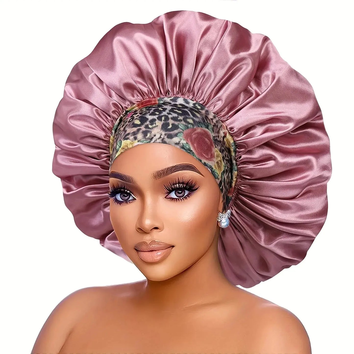 Women's Fashion Bonnet Flower Printed Hair Hat with Wide Edge Elastic Silk Smooth Satin Face for Daily Home Sleep Hat RosyasT