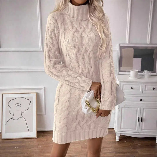 Women's Sweater Dress Autumn Winter New Slim Knit Dress Turtleneck Cable Pattern Long Sleeve Knitted Gown Dress RosyasT