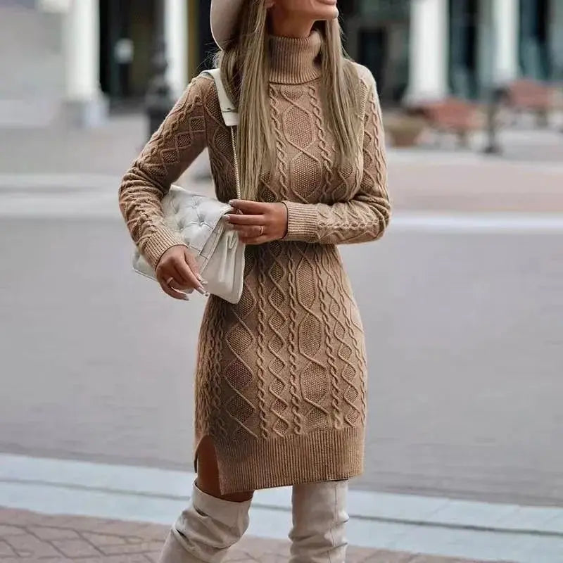 2024 Autumn Winter New Women's Knitted Wrap Hip Skirt High Neck Warm and Thickened Elegant Knitted Sweater Long Sleeve Dress RosyasT