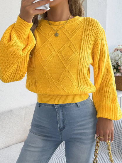 Women's Solid Color Round Neck Lantern Long Sleeve Knitted Sweaters for 2025 Autumn Winter Clothes Yellow Red Khaki RosyasT