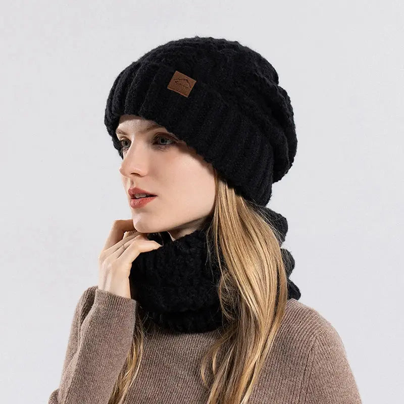 Winter Women Knitted Hat Scarf Set Thickened Fleece Lining Skullcap Outdoor Cycling Warm Wind Protection Beanies RosyasT