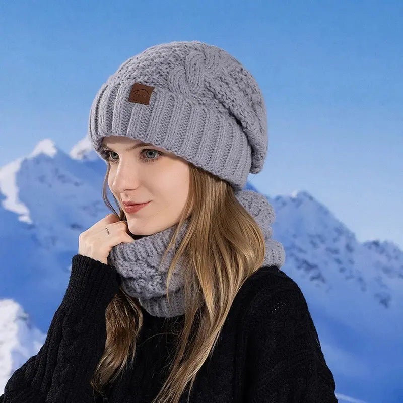 Winter Women Knitted Hat Scarf Set Thickened Fleece Lining Skullcap Outdoor Cycling Warm Wind Protection Beanies RosyasT
