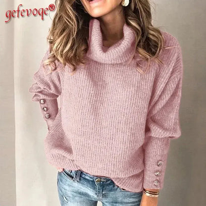 Autumn Winter New Solid Color Casual Fashion Loose Sweaters Women Long Sleeve High Collar Street Sweatshirt Pullover Top Female RosyasT