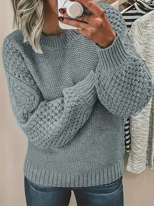 women's round neck pullover sweater with loose lantern sleeve design in light gray knit fabric