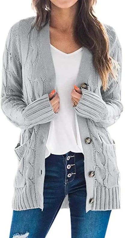 2024 Autumn Winter Women Long Sleeve Knitted Cardigan Single Breasted Solid Color V Neck Loose Sweater Outwear Oversize S-3XL RosyasT
