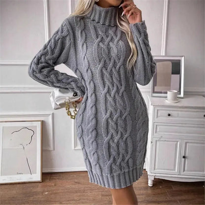 Women's Sweater Dress Autumn Winter New Slim Knit Dress Turtleneck Cable Pattern Long Sleeve Knitted Gown Dress RosyasT