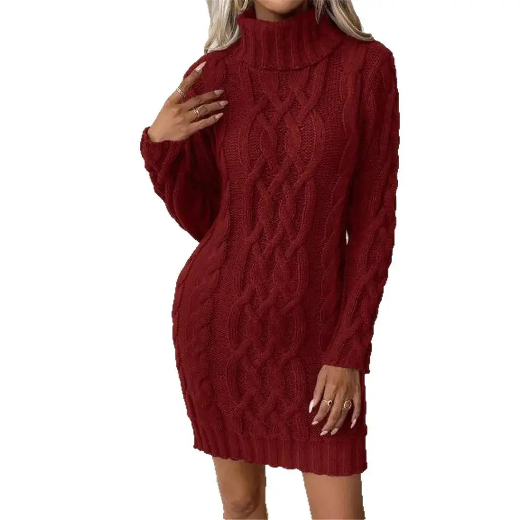 Women's Sweater Dress Autumn Winter New Slim Knit Dress Turtleneck Cable Pattern Long Sleeve Knitted Gown Dress RosyasT