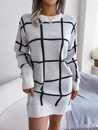 Women Casual Plaid Long Sleeve Knitted Sweater Dress 2023 Autumn Winter Clothes Without The Belt RosyasT
