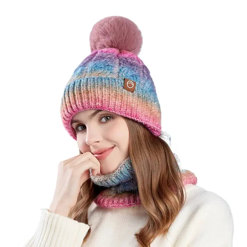 Winter Lady Warm Hat Scarf Two-piece Set Fleece Thickened Gradual Change Color Knitted Skiing Hat Fashion Pullover Hat for Women RosyasT