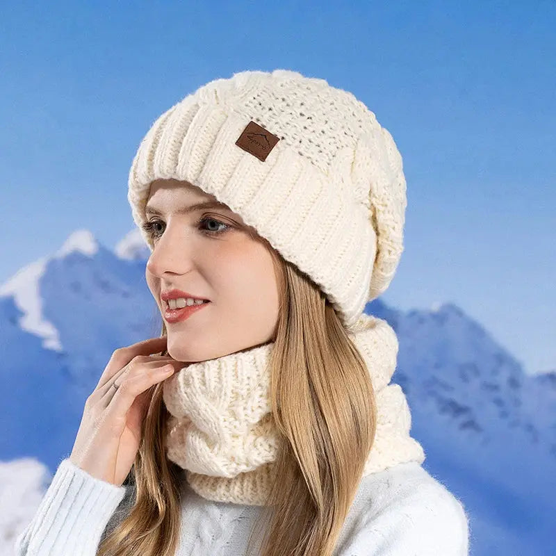 Winter Women Knitted Hat Scarf Set Thickened Fleece Lining Skullcap Outdoor Cycling Warm Wind Protection Beanies RosyasT