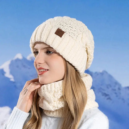 Winter Women Knitted Hat Scarf Set Thickened Fleece Lining Skullcap Outdoor Cycling Warm Wind Protection Beanies RosyasT