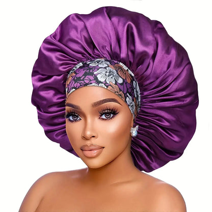 Women's Fashion Bonnet Flower Printed Hair Hat with Wide Edge Elastic Silk Smooth Satin Face for Daily Home Sleep Hat RosyasT