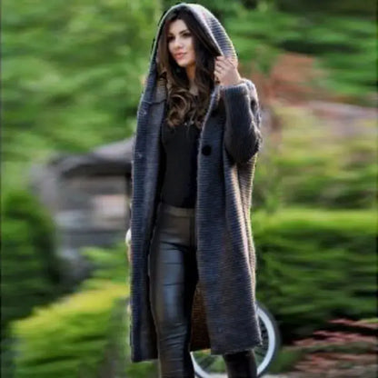 Autumn and Winter New Cardigan Long-sleeved Wool Solid Colour Knitted Long Top Jacket Woman RosyasT