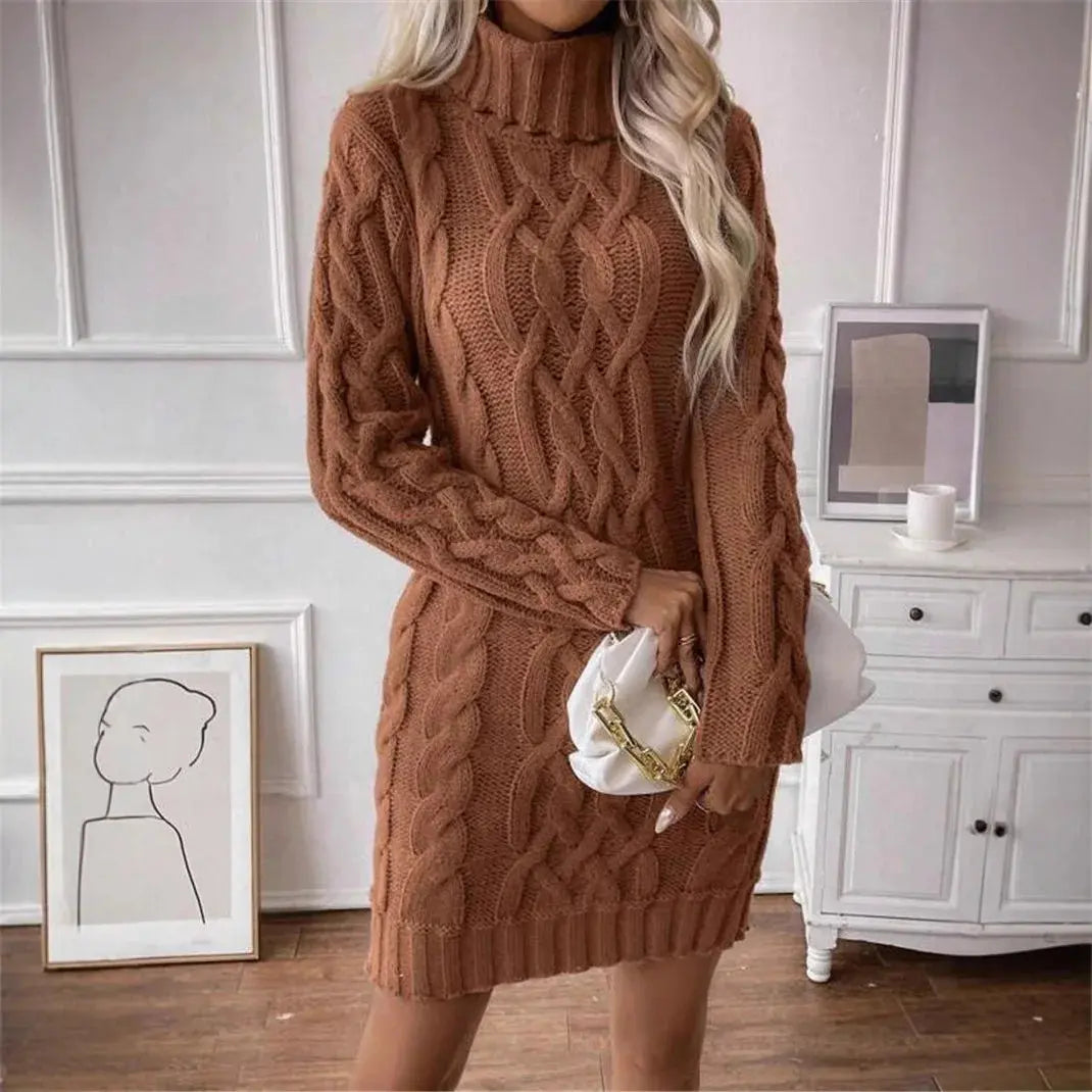 Women's Sweater Dress Autumn Winter New Slim Knit Dress Turtleneck Cable Pattern Long Sleeve Knitted Gown Dress RosyasT