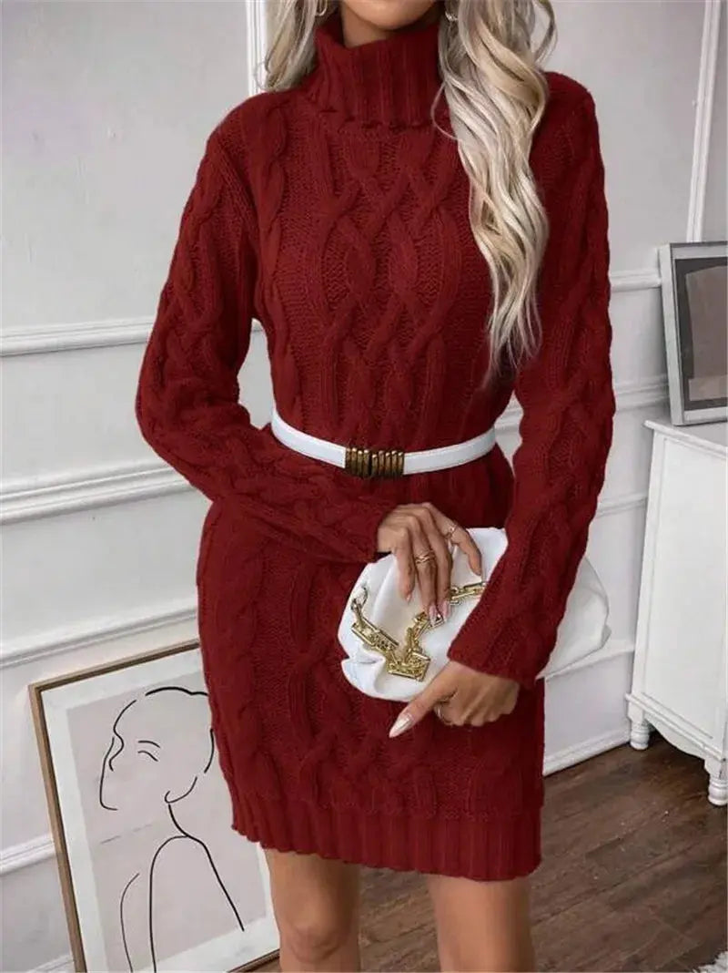 Women's Sweater Dress Autumn Winter New Slim Knit Dress Turtleneck Cable Pattern Long Sleeve Knitted Gown Dress RosyasT