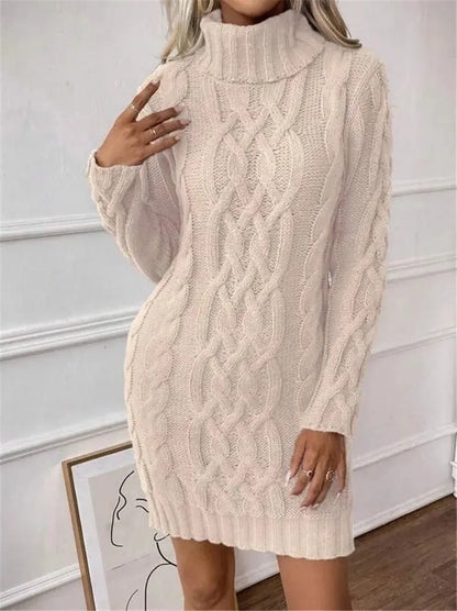 Women's Sweater Dress Autumn Winter New Slim Knit Dress Turtleneck Cable Pattern Long Sleeve Knitted Gown Dress RosyasT