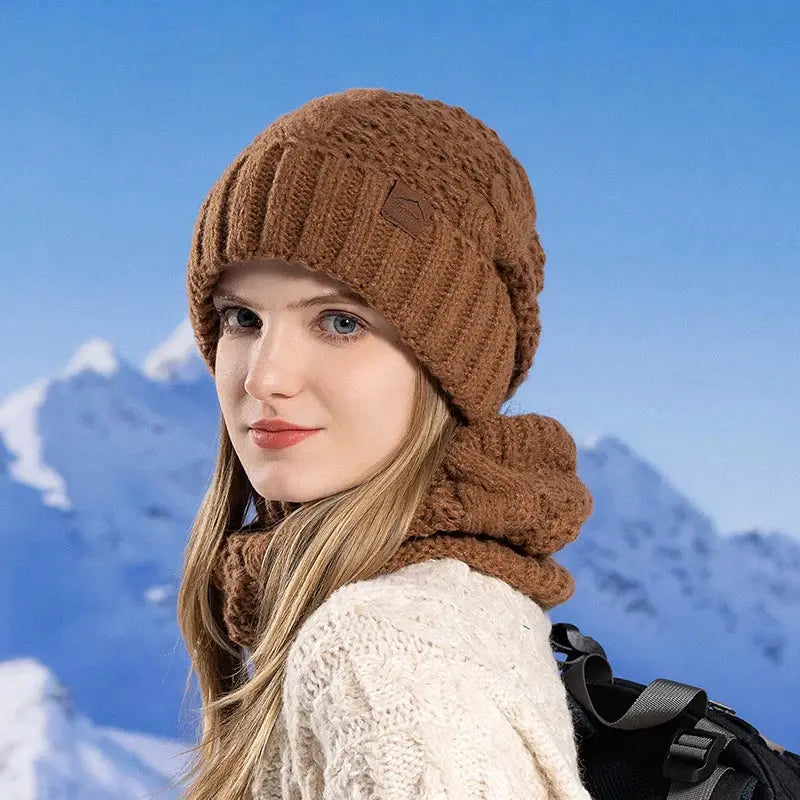 Winter Women Knitted Hat Scarf Set Thickened Fleece Lining Skullcap Outdoor Cycling Warm Wind Protection Beanies RosyasT