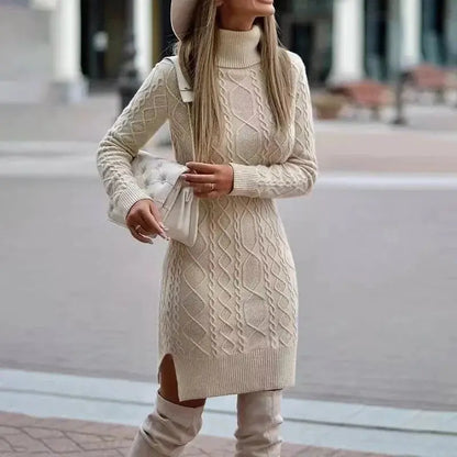 2024 Autumn Winter New Women's Knitted Wrap Hip Skirt High Neck Warm and Thickened Elegant Knitted Sweater Long Sleeve Dress RosyasT