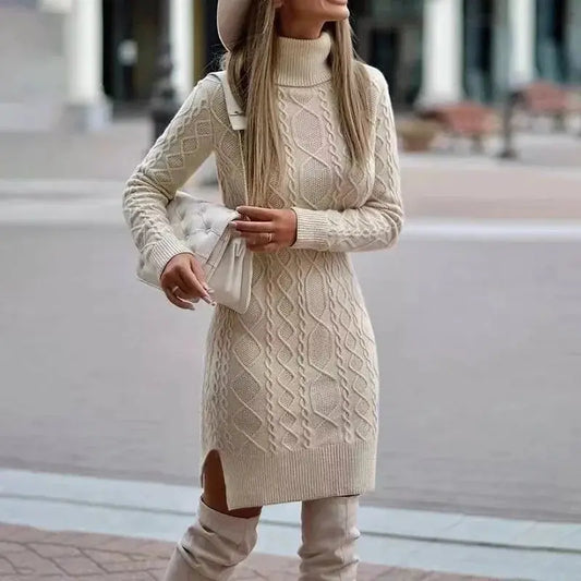 2024 Autumn Winter New Women's Knitted Wrap Hip Skirt High Neck Warm and Thickened Elegant Knitted Sweater Long Sleeve Dress RosyasT