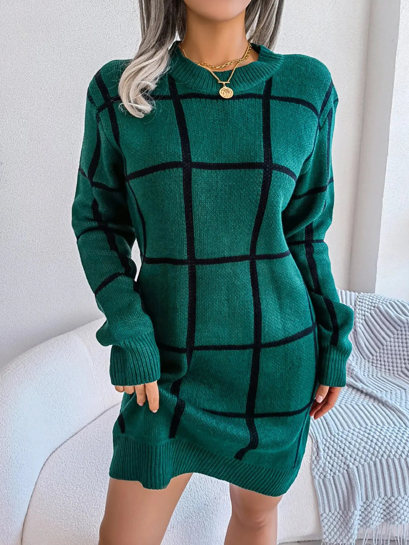 Women Casual Plaid Long Sleeve Knitted Sweater Dress 2023 Autumn Winter Clothes Without The Belt RosyasT