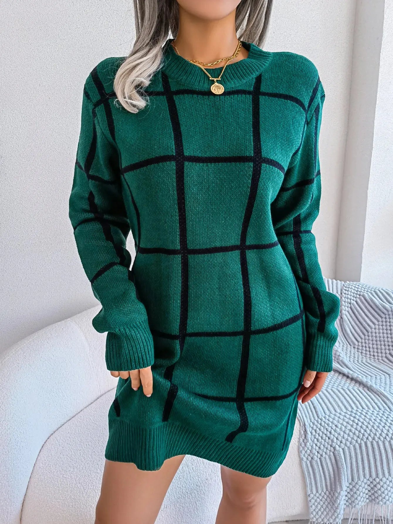 Women Casual Plaid Long Sleeve Knitted Sweater Dress 2023 Autumn Winter Clothes Without The Belt RosyasT