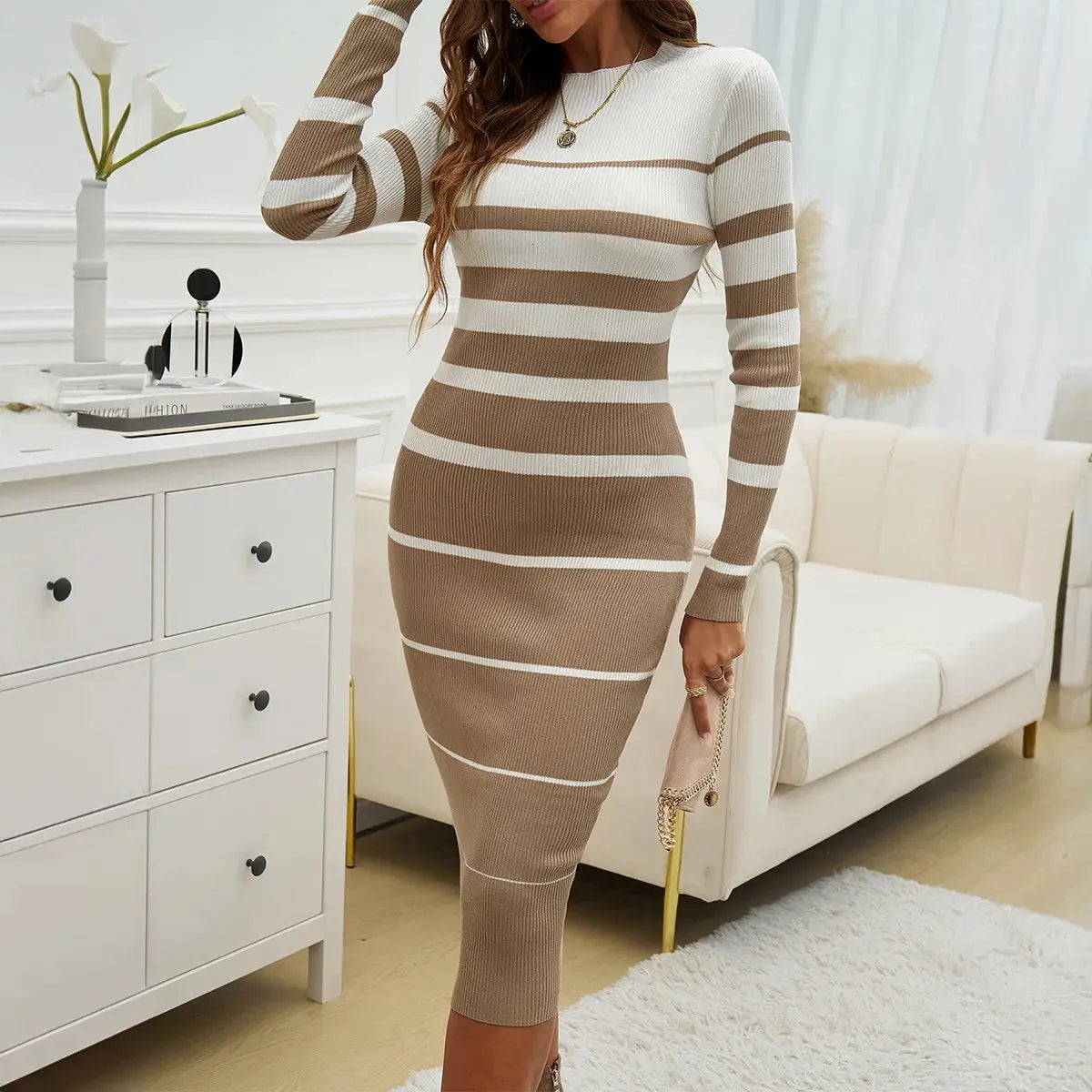 ITOOLIN Women Patchwork Streetwear Dress Long Sleeve Knit Office Lady Elegant Dress Striped Bodycon Dress Fall Holiday Vestido RosyasT