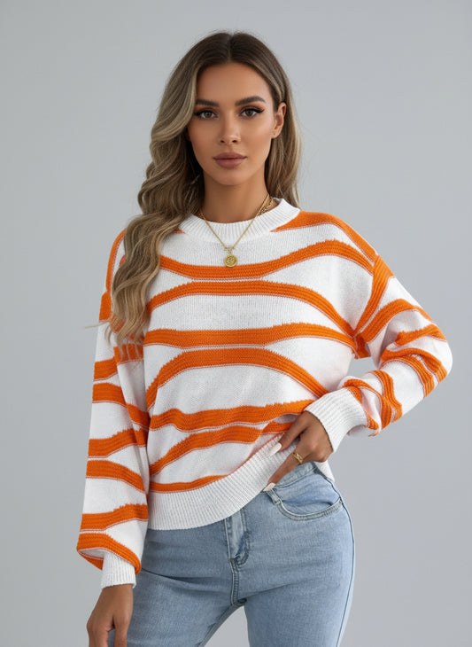 2025 Contrast Color Striped Sweater Lantern Long Sleeve Knitted Women