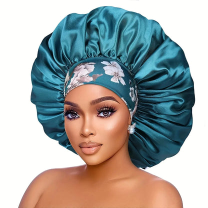 Women's Fashion Bonnet Flower Printed Hair Hat with Wide Edge Elastic Silk Smooth Satin Face for Daily Home Sleep Hat RosyasT