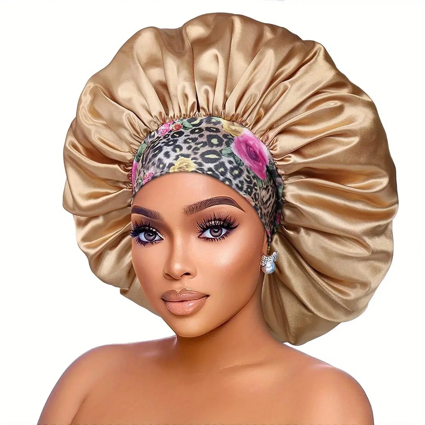 Women's Fashion Bonnet Flower Printed Hair Hat with Wide Edge Elastic Silk Smooth Satin Face for Daily Home Sleep Hat RosyasT